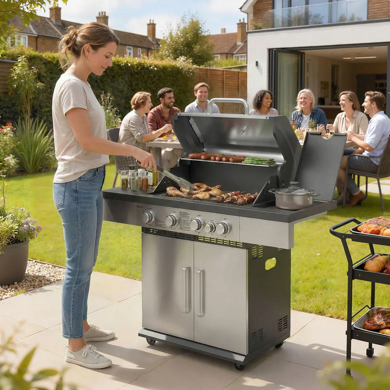 Outsunny 4 Burner Gas BBQ Grill, Portable Gas Barbecue Grill with Side Burner, Warming Rack, Side Shelf, Storage Cabinet