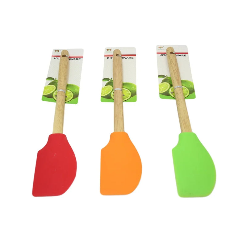 Kitchen Silicone Flat Sided Scraper Spatula Wooden Handle Assorted Colours