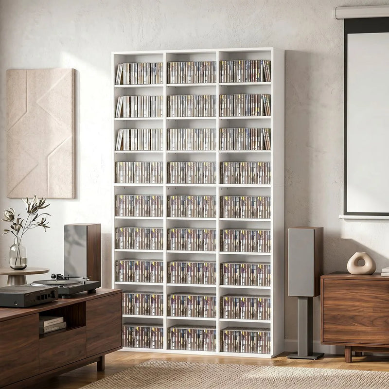 HOMCOM 835 CD/500 DVD Storage Unit, Blu-ray Media Storage Shelf with 27 Compartments and 21 Adjustable Shelves, White