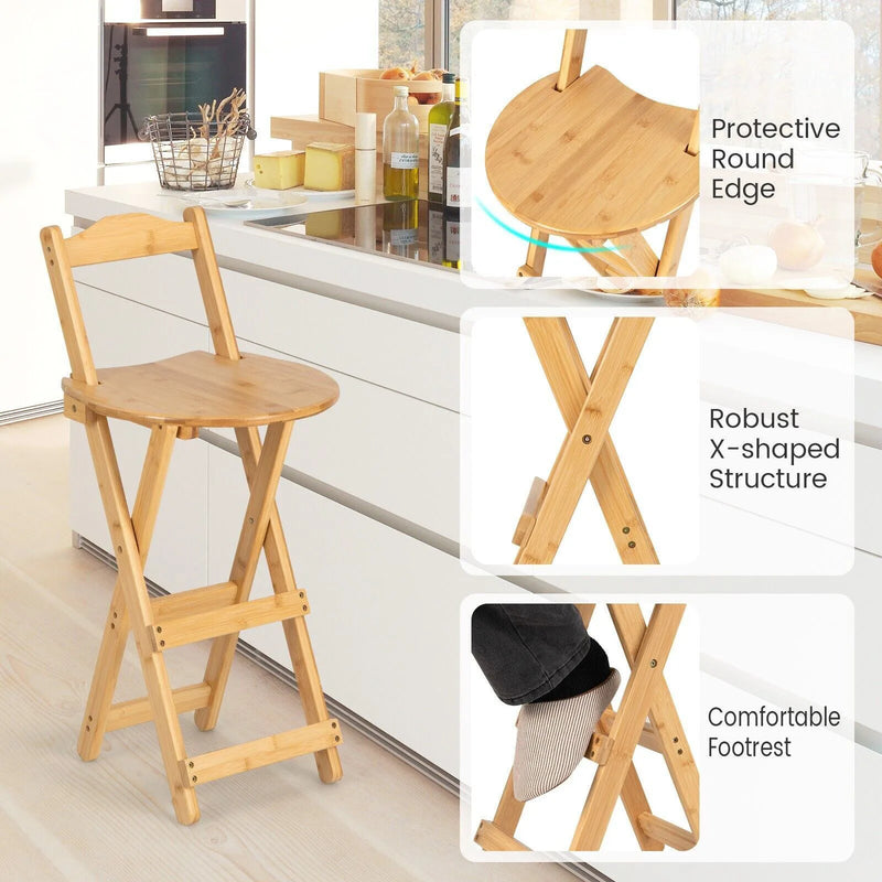 Wooden Folding Bar Stool Bamboo Kitchen Counter Height Stools with Backrest NEW