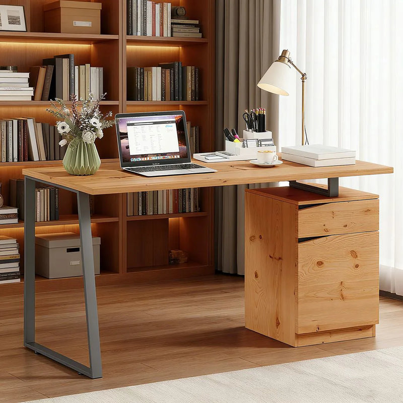 HOMCOM Computer Desk, Writing Desk with Cabinet, Drawer, Metal Legs, Work Table for Home Office Study, Natural Wood Finish
