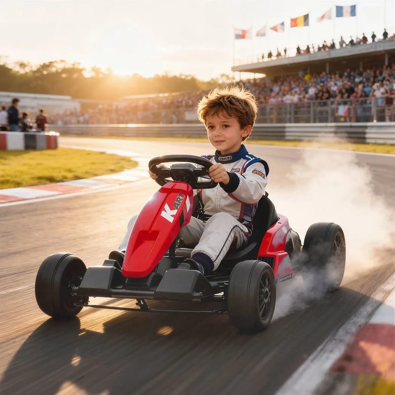 AIYAPLAY 24V Electric Go Kart, Drift Kart with Adjustable Seat, Slow Start, 5-Point Harness, Music, for 6-12 Years, Red