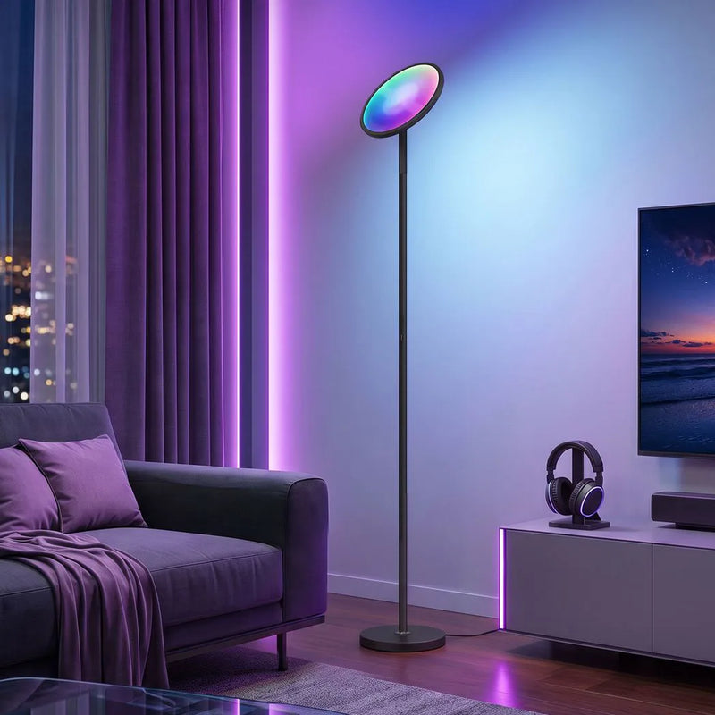 HOMCOM Uplighter Floor Lamp with Tuya App and Music Sync, Standing Lamp with Adjustable Head for Living Room Bedroom, Black