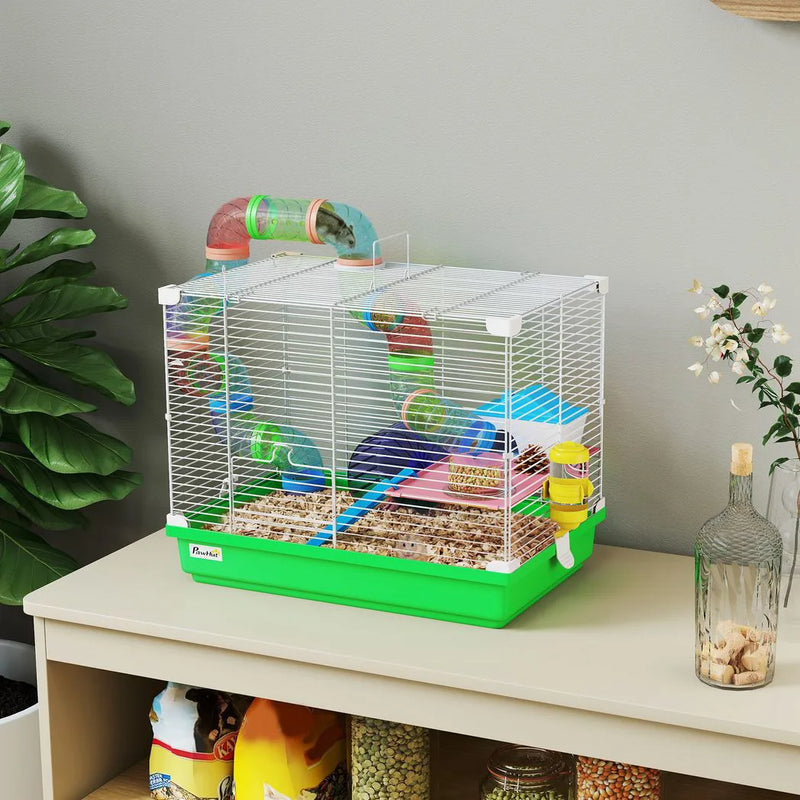 PawHut 2 Tier Hamster Cage, Gerbil Cage with Handle, Exercise Wheels, Tunnel, Water Bottle, Dishes, Ladder, for Dwarf