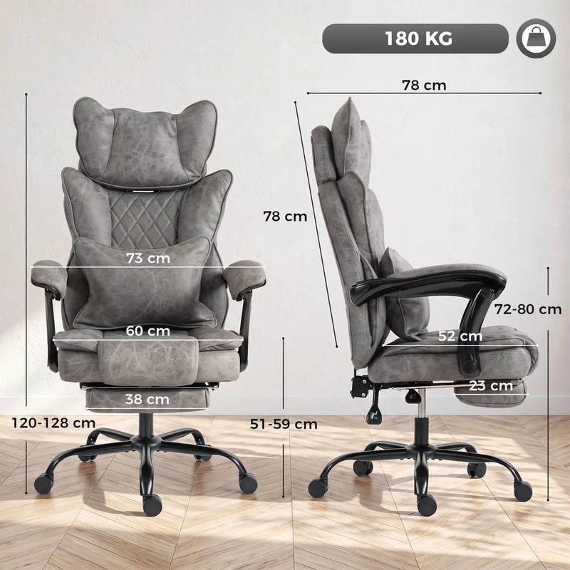 HOMCOM Executive Office Chair, Leathaire Big and Tall Office Chair 180 kg with Wide Seat, Reclining, Lumbar Support, Grey