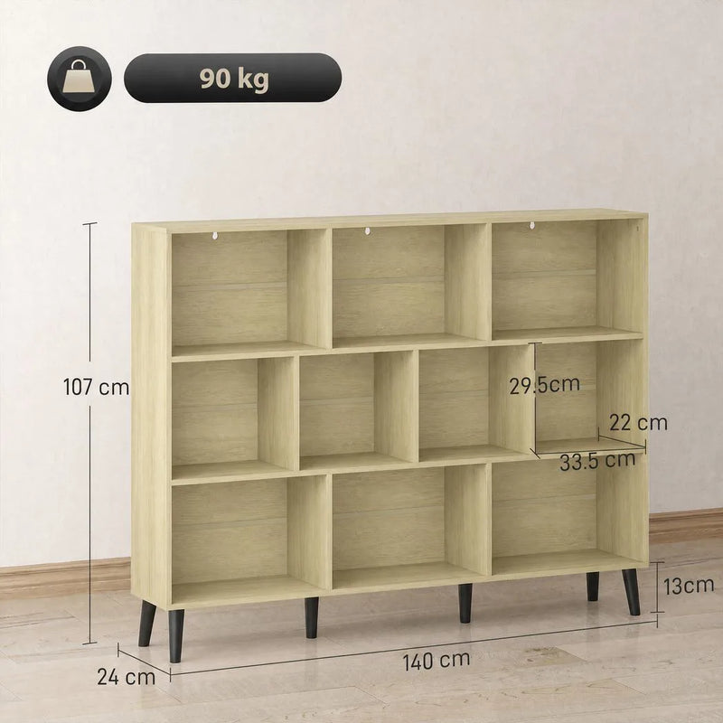 HOMCOM 10-Cube Bookcase, 3-Tier Book Shelf with Solid Wood Legs, 140 cm Modern Bookshelf with Anti-Tip Kit, Oak
