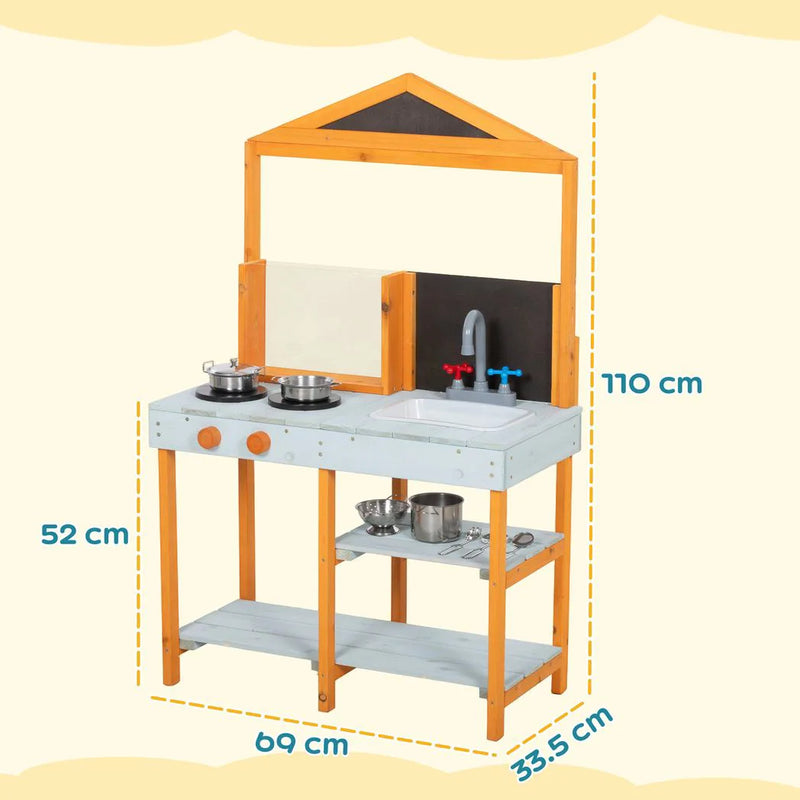 AIYAPLAY Mud Kitchen for Kids, Outdoor Wooden Play Kitchen with Sink, Stove, Cookware, Shelves, Pretend Play Toy for Ages 3-8