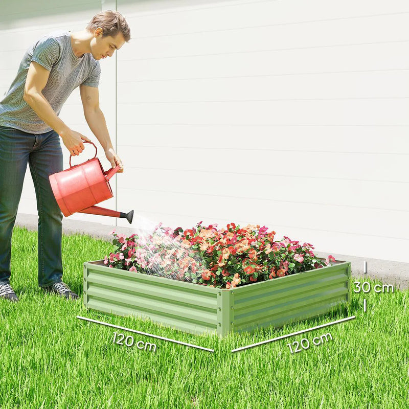 Outsunny Square Raised Garden Bed Box with Weatherized Steel Frame for Vegetables, Flowers, & Herbs, 120 x 120 x 30cm, Light Green