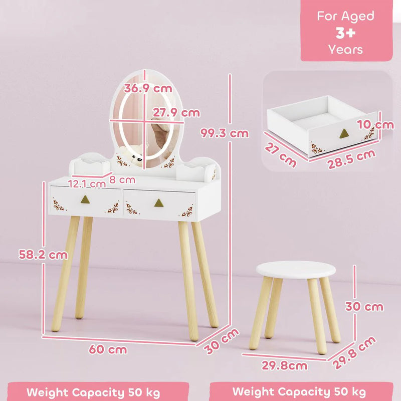 AIYAPLAY Kids Vanity Table and Chair Set with 3-Colour LED Lights Mirror, Drawer, Storage Boxes, for 3 Years, White