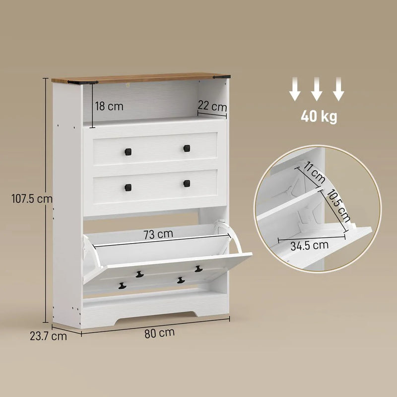 HOMCOM Shoe Cabinet with 2 Flip Drawers, Narrow Shoe Storage Cabinet, White