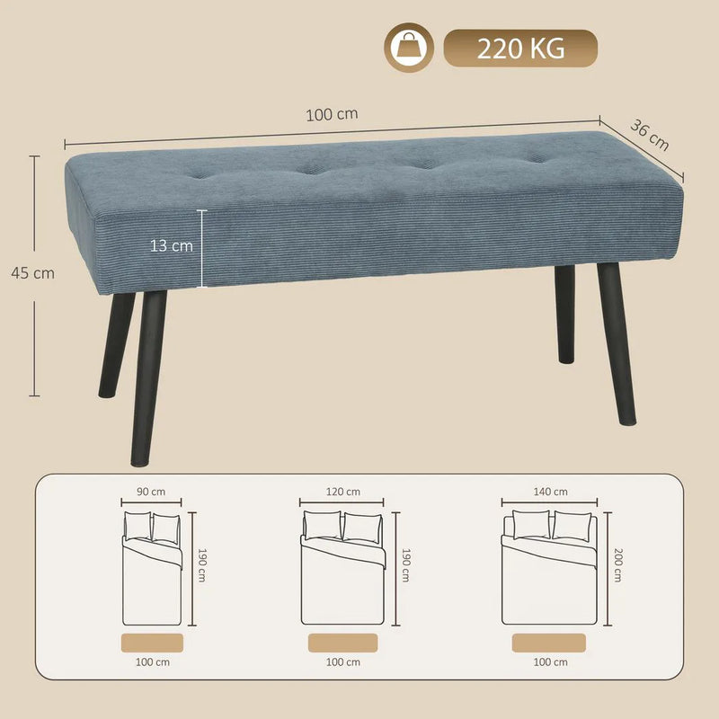 HOMCOM Upholstered Bedroom Entryway Bench, Modern Corduroy Tufted End of Bed Bench with Padded Seat and Steel Legs, Blue