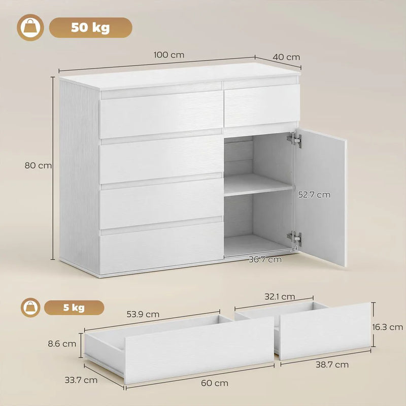 HOMCOM Modern Chest Of Drawers, 5 Drawer Dresser with Adjustable Shelf, Soft-Close Door, White