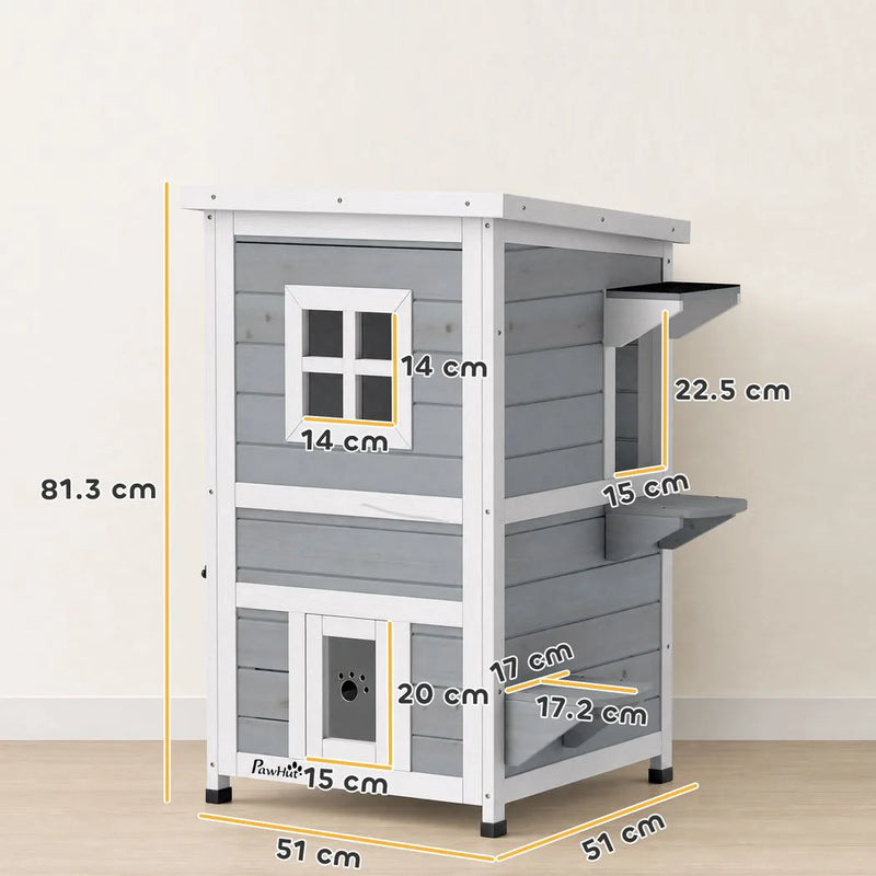 PawHut Wooden Cat House 2-Floor Outdoor Kitten Shelter with 3 Doors and Window Grey
