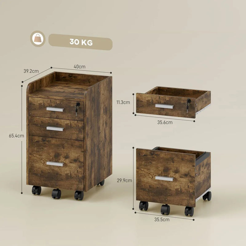 HOMCOM 3 Drawer Filing Cabinet with Lock, Rolling File Cabinet with Edged Top for Letter, A4 Size, Hanging File Folders