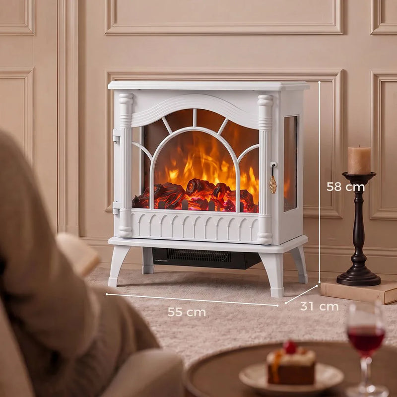HOMCOM 3-Sided Glass Electric Fire Fan Heater, Electric Fireplace Stove Freestanding Log Burner with Flame Effect, White