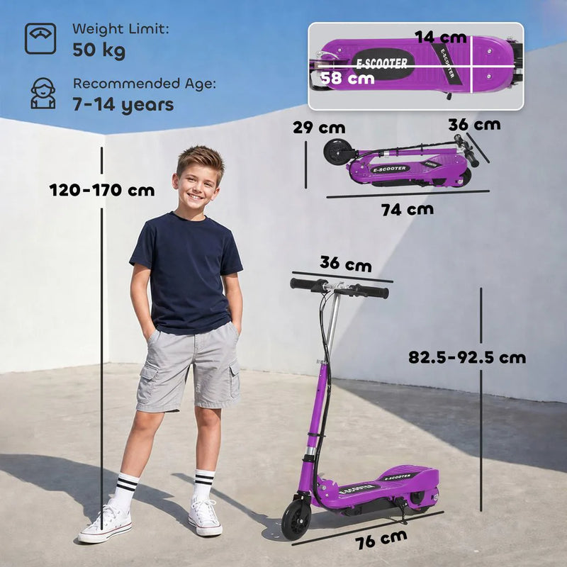 HOMCOM Foldable Electric Kids Scooter, Ride-on for Ages 7-14 Years, Purple