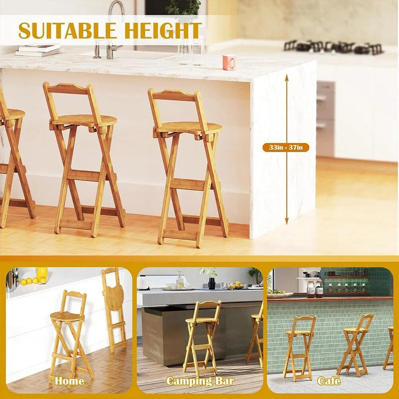 Wooden Folding Bar Stool Bamboo Kitchen Counter Height Stools with Backrest NEW