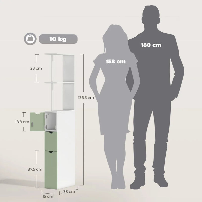 HOMCOM Slim Bathroom Storage Cabinet, Tall Bathroom Floor Cabinet with 2-Tier Shelf and 2 Drawers, White and Light Green