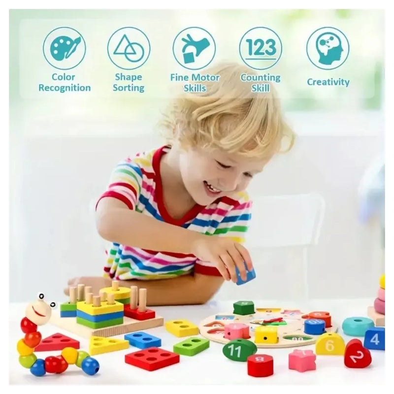 9 in 1 Wooden Toys Rattle Bell Drum Column Set Musical Instruments Sensory Music