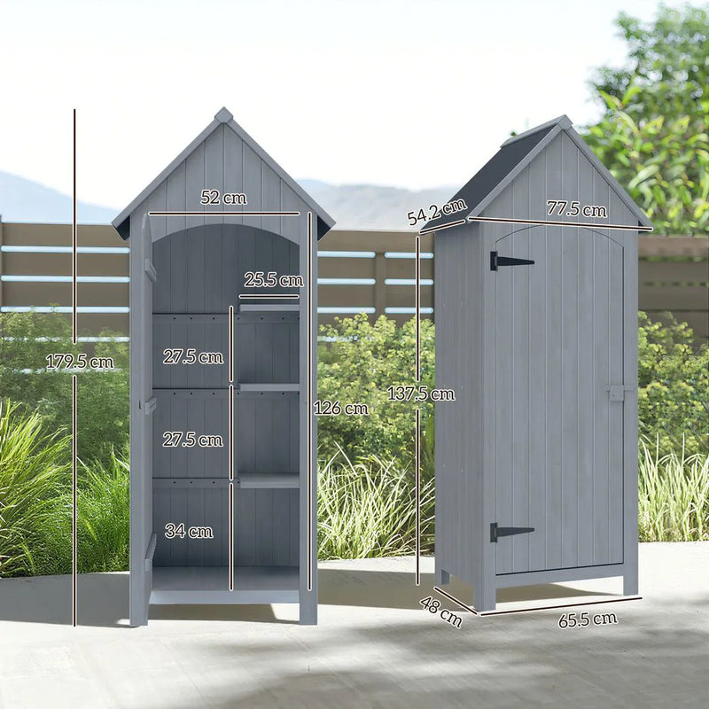 Outsunny Wooden Garden Storage Shed with 3 Shelves, Outdoor Tool Storage Cabinet with Tilt Roof and Lockable Door, 77.5 x 54.2 x 179.5 cm, Grey