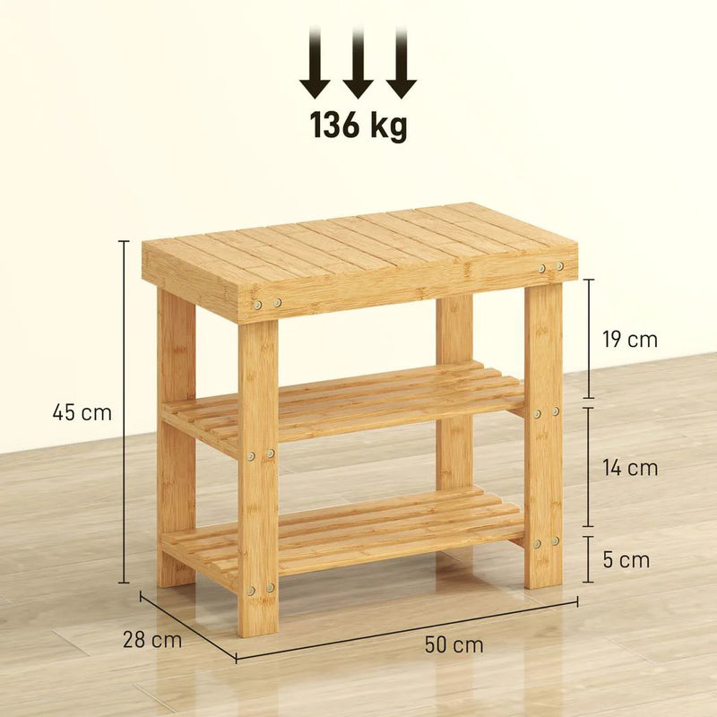 HOMCOM Two Shelf Bamboo Shoe Storage Bench - Natural Finish