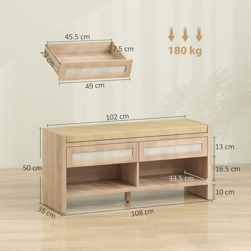 HOMCOM Boho Shoe Bench with 2 Rattan Drawers, Shoe Storage Bench with Cushioned Seat and Open Shelf Oak Wood Effect