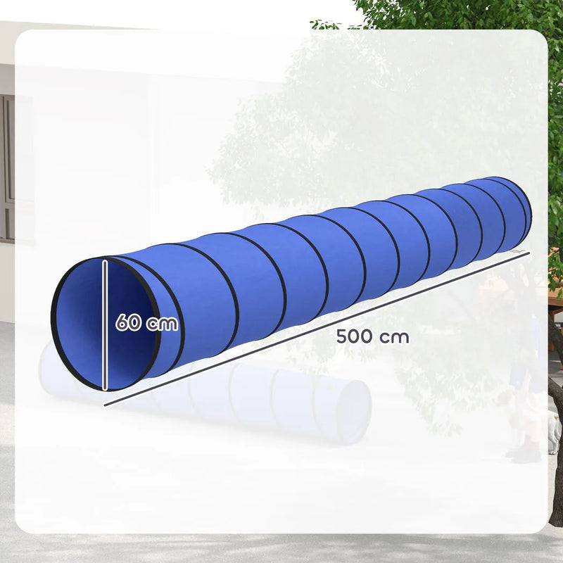 PawHut Dog Tunnel, 500 x 60 cm, Foldable Play Tunnel with 6 Pegs and Bag, Tear-Resistant Outdoor Dog Agility Equipment, Blue