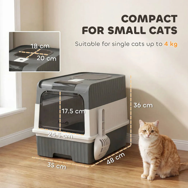 PawHut Enclosed Cat Litter Box with Lid, Pull-Out Drawer Tray, Scoop, 2 Deodorisation Bags, Front Entry & Top Exit, Grey