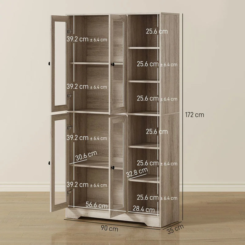 HOMCOM Multi-Storage Kitchen Cabinet, with Glass Doors - Grey Wood-Effect