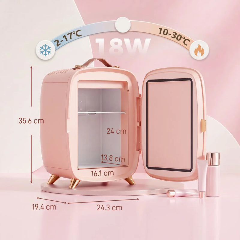 HOMCOM Skincare Refrigerator, 6L Mini Cosmetic Fridge with LED Mirror, Cooling Function for Bedroom, Skincare, Office, Pink