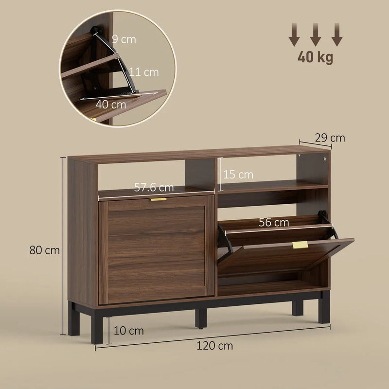 HOMCOM Shoe Cabinet with 2 Flip Drawers, Narrow Shoe Storage Top for Entryway Hallway, Rustic Brown