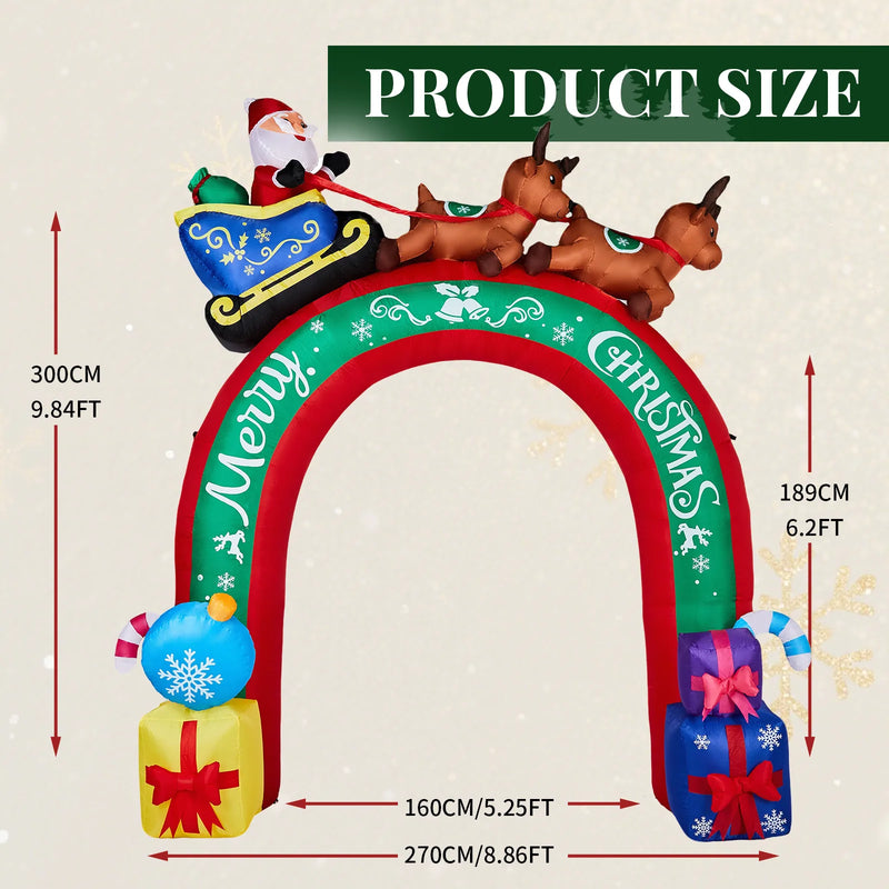 10FT Lighted Christmas Inflatable Archway, Inflatable Arch with Reindeer Pulling Santa's Sleigh, Blow Up Yard Decorations with Built-in LED Lights for Holiday Party Front Yard Lawn Garden Decor
