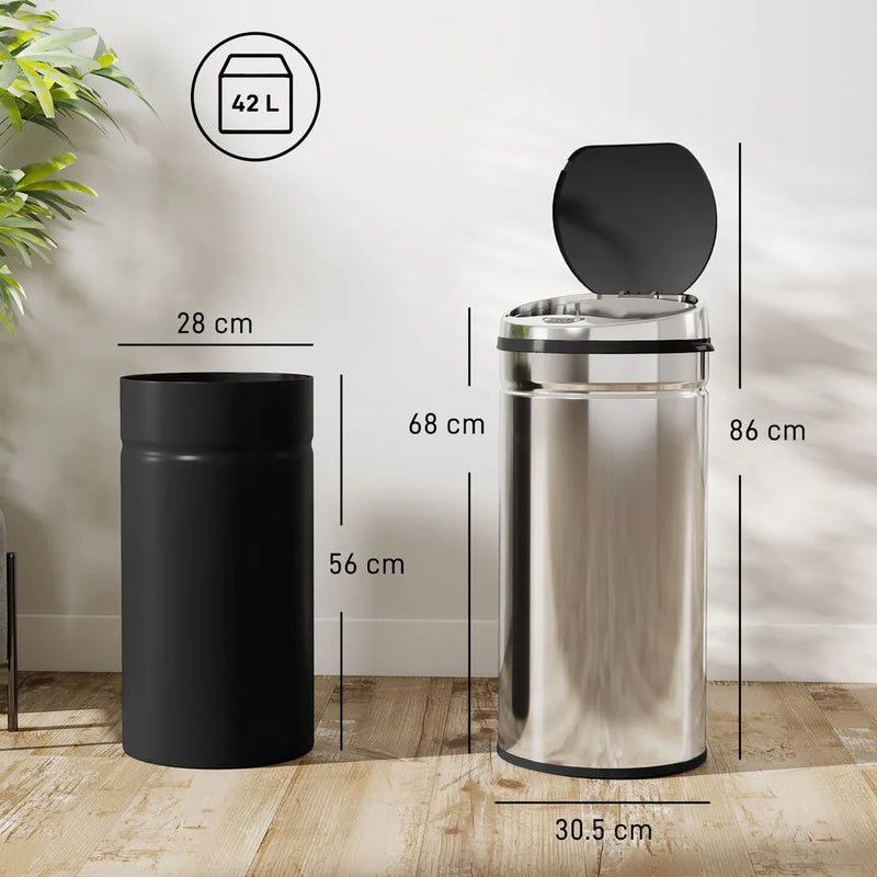 HOMCOM 42L Automatic Motion Sensor Rubbish Bin with Fingerprint Resistant, Stainless Steel, Silver Tone