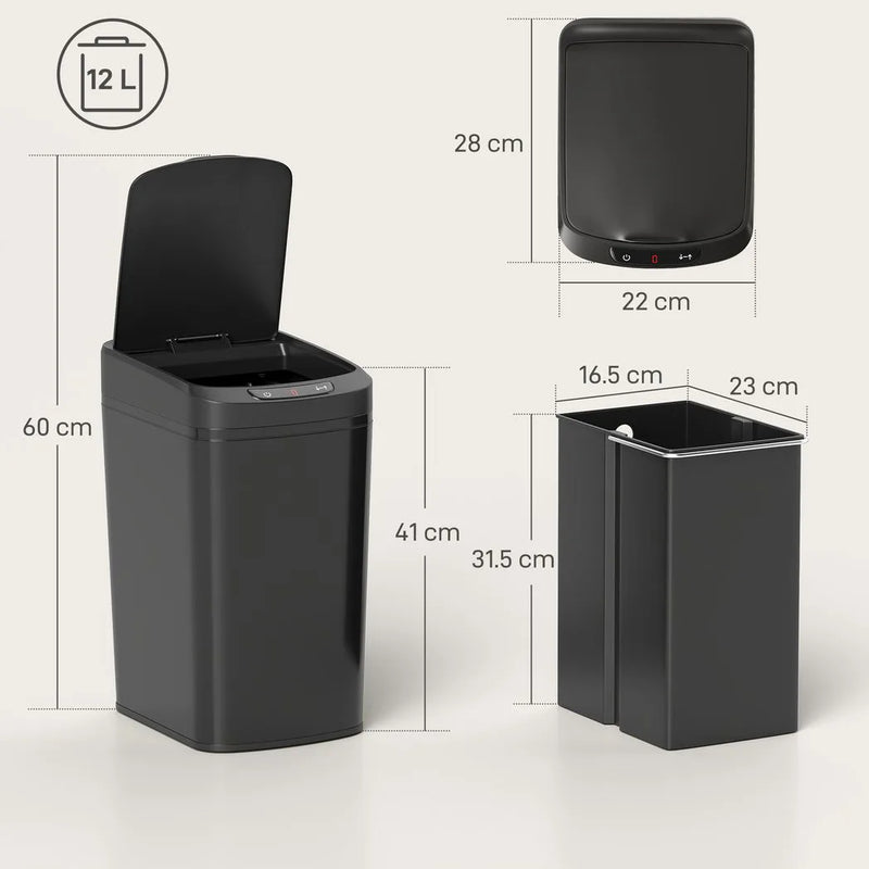 HOMCOM 12L Sensor Bin, Automatic Touchless Motion Sensor Kitchen Bin with Fingerprint Resistant Stainless Steel, Black