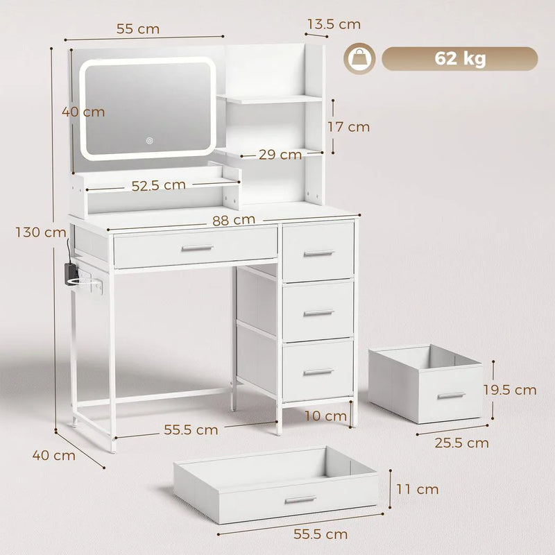 HOMCOM Dressing Table with 3-Colour LED Mirror, Power Outlet, Vanity Desk with 4 Drawers, 5 Shelves, Hair Dryer Holder