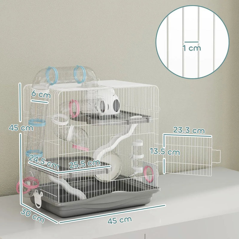 PawHut 3-Tier Hamster Cage with Exercise Wheels, Water Bottle, Food Dish, for Dwarf Hamsters, 45 x 30 x 45 cm, Grey