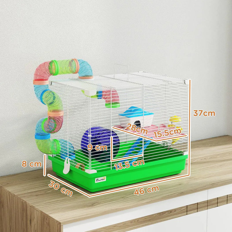 PawHut 2 Tier Hamster Cage, Gerbil Cage with Handle, Exercise Wheels, Tunnel, Water Bottle, Dishes, Ladder, for Dwarf