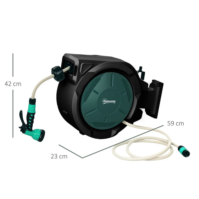 Outsunny Retractable Hose Reel Wall Mounted, 30 Garden Hose Pipe Reel with Lock, Auto Rewind, 7 in 1 Spray Nozzle, Includes Wall Fixings, 180° Swivel, Outdoor Watering, 59 x 23 x 42 cm, Green