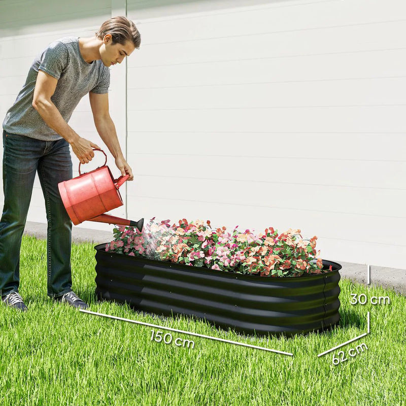Outsunny Galvanised Raised Garden Bed, Metal Planter Box with Safety Edging, for Flowers, Herbs, Succulents, Black