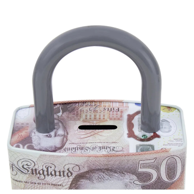 King Charles Pound Note Reusable Coin Money Tin Bo x Padlock Shape With Handle Assorted Designs Mth (Parcel Rate)
