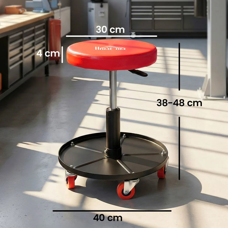 HOMCOM Rolling Mechanical Stool, Pneumatic Adjustable Workshop Stool with Tool Tray, Wheels - Orange