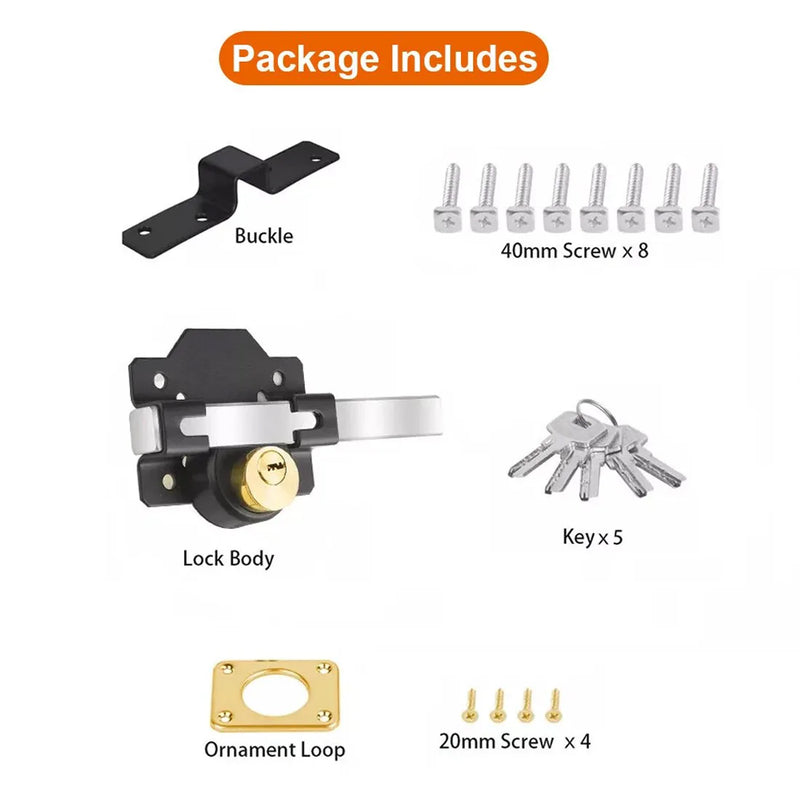 70mm Both Sides Gate Lock Garden Security Double Long Throw Bolt Rim Lock 5 Keys