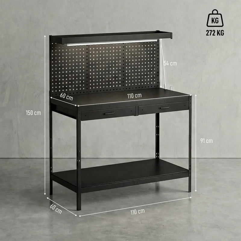 HOMCOM 110 cm Workbench with Pegboard, Heavy Duty Work Table with Power Strip and LED Light, Black