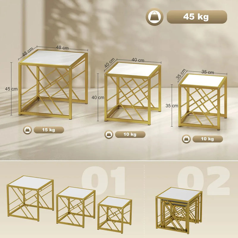 HOMCOM Nesting Coffee Tables, Set of 3 Square Side Tables with Gold Metal Frame, for Living Room, Bedroom and Office, White