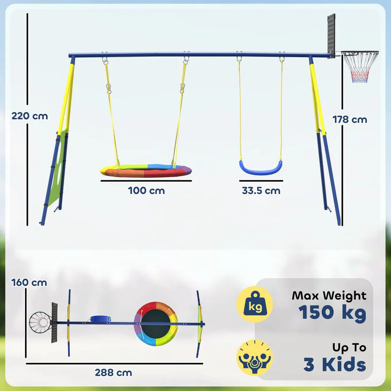 AIYAPLAY 4-in-1 Kids Swing Set with Saucer Swing, Basketball Hoop and Football Goal, Outdoor Playground Playset for Garden