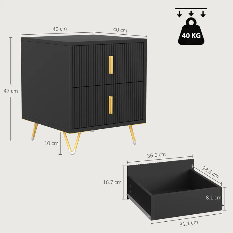 HOMCOM Elegant Fluted Bedside Table - Black/Gold-Tone