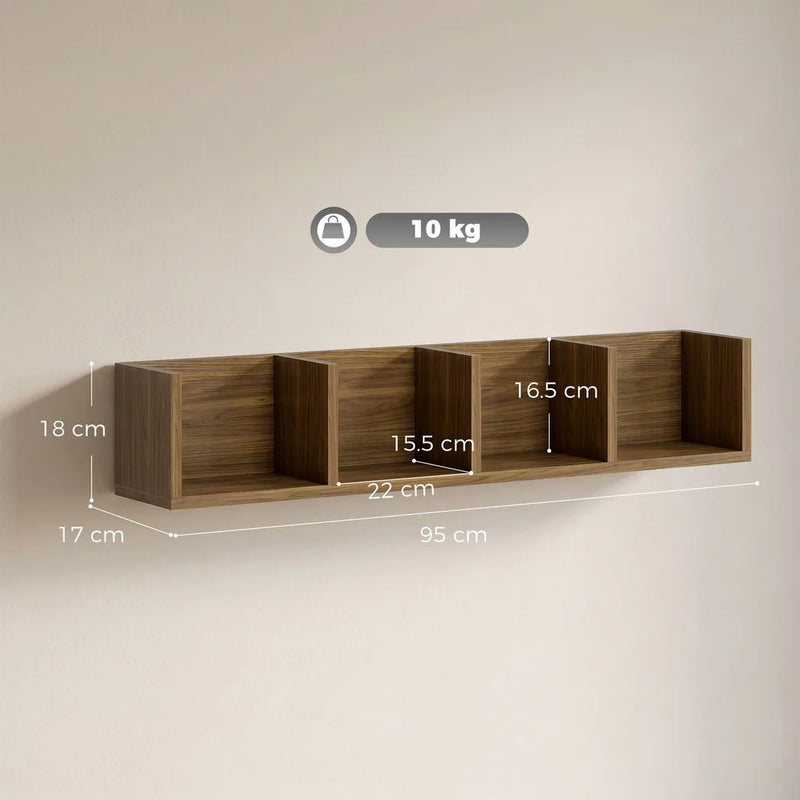 HOMCOM Wall Mount 84 CD / 56 DVD/Blu-ray/ Media Storage Rack 4 Cubes Wooden Shelf Organizer Unit Bookcase Display, Walnut
