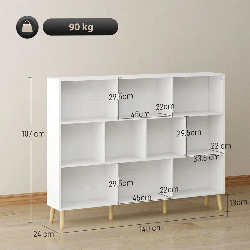 HOMCOM 10-Cube Bookcase, 3-Tier Book Shelf with Solid Wood Legs, 140 cm Modern Bookshelf with Anti-Tip Kit for Bedroom, White