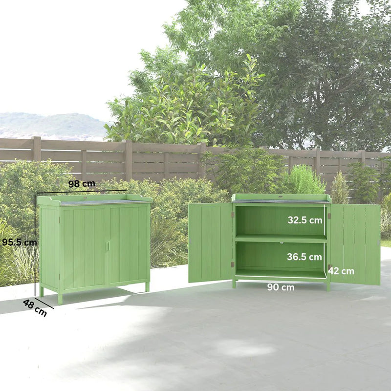 Outsunny Wood Garden Storage Cabinet, Outdoor Tool Shed, Potting Bench Table with galvanised Top and Two Shelves for garden Tools or Pool Accessories, Green