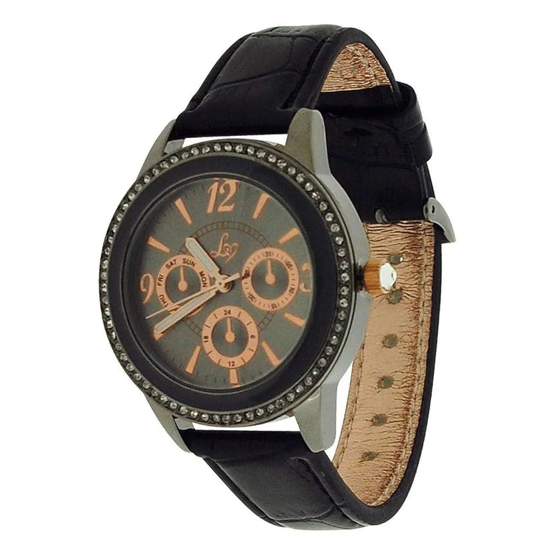 Lipsy London Ladies Bling Bezel Chrono Effect Dial Black Leather Strap Watch LP284 - CLEARANCE NEEDS RE-BATTERY